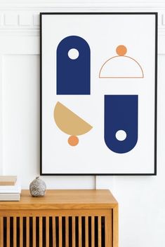 Printable Mid-Century Modern wall art with geometric shapes in navy blue and yellow. Minimalist Mid Century Modern, Navy Blue And Yellow, Geometric Poster, Modern Print, Abstract Art Print, Yellow Tones