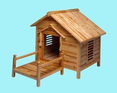 a small wooden dog house with stairs