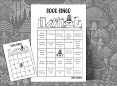 a black and white photo of a book bingo board with books on it, surrounded by mushrooms