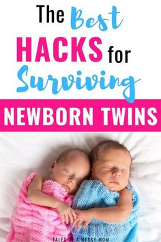 two baby twins laying next to each other on top of a bed with text overlay that reads the best hacks for surviving