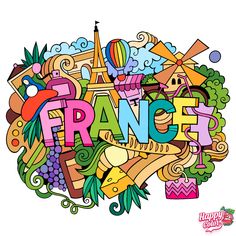 the word france surrounded by many different items