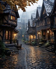 a cobblestone street with lots of houses in the middle and lights on at night