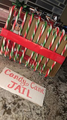 candy canes are lined up in front of a sign that says candy cane jail