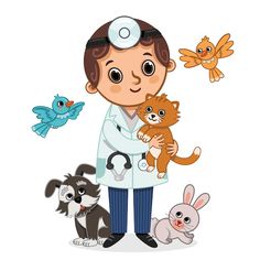 a cartoon doctor holding a cat and several other animals royalty - art illustration on white background