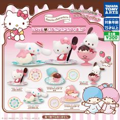 an advertisement for hello kitty toys with various items in the package and instructions to make them look like they are eating