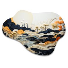 a decorative plate with trees and mountains in the background, on a white surface that has been cut out to look like an abstract painting