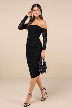 Admirers will be lining up and down the street to take you out in the Lulus Desirable Date Black Mesh Ruched Off-the-Shoulder Midi Dress! Airy, stretchy mesh knit shapes this sensational dress with a straight, elasticized neckline, framed by long, off-the-shoulder ruched sleeves. The figure-hugging silhouette flaunts your curves just right as it continues down to a bodycon midi skirt. Additional flattering ruching at the sides creates a head-turning final finish! Fit: This garment fits true to size. Length: Mid-calf length. Size medium measures 41.5" from top to bottom. Bust: Great for any cup size. Waist: Fitted - stretchy fabric allows custom fit. Hip: Fitted - stretchy fabric allows room for hips. Undergarments: May be worn with a strapless bra, adhesive bra, petals, or no bra. Fabric: Black Ruched Off Shoulder Evening Dress, Black Ruched Off Shoulder Dress For Evening, Black Ruched Off Shoulder Cocktail Dress, Chic Black Ruched Off-shoulder Dress, Black Off-shoulder Ruched Midi Dress, Ruched Off Shoulder Dress For Spring Evening, Spring Ruched Off Shoulder Dress For Evening, Off-shoulder Ruched Evening Midi Dress, Off-shoulder Ruched Midi Dress For Evening