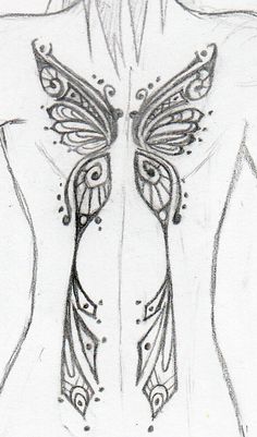 a drawing of a woman's back with butterfly wings on her upper body and chest