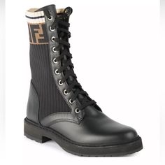 Fendi's Rockoko Combat Boots Are Crafted Of Leather And Accented In Ribbed Knit With The Brand's Trademark Logo. Leather/Knit Upper Almond Toe Lace-Up Style Leather Lining Rubber Sole Made In Italy Hidden Wedge Heel, 1" (30mm) Combat Boots With Socks, Fendi Boots, Floral Combat Boots, Womens Designer Boots, Leather Biker Boots, Womens Combat Boots, Black Combat Boots, Fendi Shoes, Boot Brands