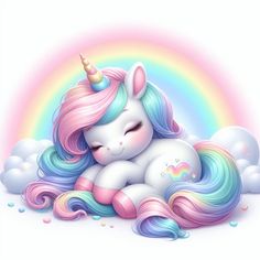 a unicorn sleeping on top of a rainbow cloud