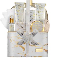 PRICES MAY VARY. COMPLETE SPA GIFT SET - Soothe and diffuse stress with a luxurious at-home spa treatment! Beautifully packaged bath and shower basket in a marble cosmetic bag, this bath gift set makes for an extraordinary gift, and adds a lovely touch to the bathroom. Contains a 2in1 Shampoo and Conditioner, Body Lotion, Shower Gel, Body Scrub, Bath Oil, Exfoliating Loofah Gloves wrapped in a Marble Cosmetic Bag with Ribbon and Hangtag. WHITE JASMINE FRAGRANCE - The calming scent of White Jasmi Gift Basket For Women, Bath And Body Gift Set, Spa Basket, Gift Set For Men, Gift Baskets For Women, Home Spa Treatments, Spa Gift Basket, Bath Gift Set, White Jasmine