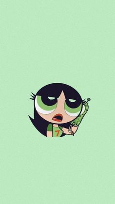 a cartoon character with green eyes holding a cell phone in her hand and looking at the camera