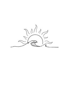 a black and white drawing of a sun over the ocean with waves coming in to shore