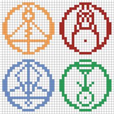 four cross stitch designs in different colors