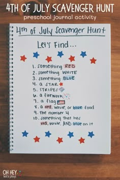 the 4th of july scavenger hunt is shown on a notebook with red, white and blue stars