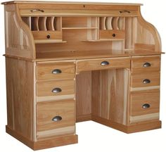 a wooden desk with drawers and cupboards