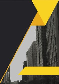 a black and yellow poster with some buildings in the backgrounnd, on which there is an arrow pointing upward