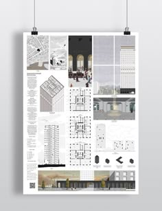 a poster with architectural drawings and diagrams on the front, in black and white colors