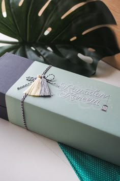 a green box with a tassel hanging from it's side on a table next to a plant