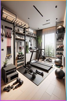 there is a gym with exercise equipment in the room and other items on the floor