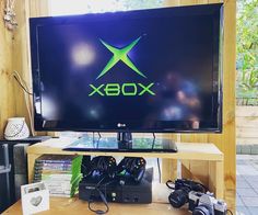 a computer monitor sitting on top of a wooden desk next to a camera and other electronics