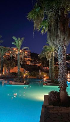 an empty swimming pool at night with palm trees and buildings in the background, lit up by lights