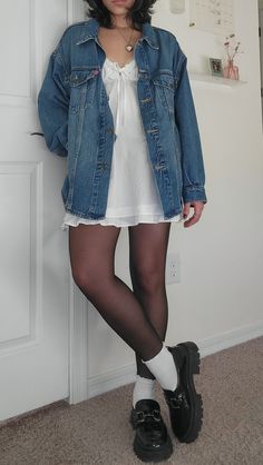 oversized jean jacket - loafers Tights And Dress Outfit, Tights And Dress, Oversized Jean Jacket, Oversized Jeans, Winter Outfit Inspiration, Winter Fits, Dress Outfit, Fall Winter Outfits, Jean Jacket