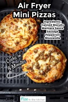 an air fryer with two pizzas in it and instructions on how to cook them