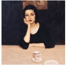 a painting of a woman sitting at a table next to a cup and saucer