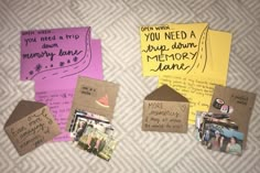 several pieces of paper with pictures and words written on them, including one that says you need a trip