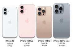 four iphones are shown with price tags for each model in the same color scheme