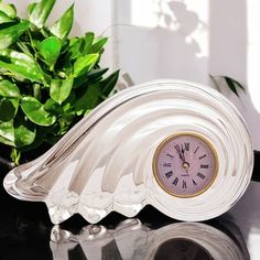 a glass clock sitting on top of a table next to a potted green plant