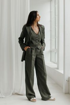 Khaki Green Linen 3-piece matching suit straight Jacket, Vest and Palazzo Pants.Summer formal pants suit.Women's suit with vest and blazer. MATERIAL: Natural linen with the addition of cotton: 90% linen, 10% cotton. COLOURS: Kelly Green, Beige, Black, Lemon, Hot Pink, White WE OFFER TO UNPACK SUIT IN DIFFERENT SIZES Blaze and Pants (see the Variations) SIZES-LENGTH: XS size: Blazer-65cm, Sleeves-60cm, Pants-108cm S size: Blazer-67cm, Sleeves-61cm, Pants-109cm M size: Blazer-69cm, Sleeves-62cm, P Dressy Pant Suits For, Luxury Wide-leg Pantsuit For Fall, Luxury Wide Leg Workwear Sets, Luxury Spring Straight Leg Pantsuit, Luxury Suits For Spring Workwear, Pantsuits For Women Coats & Jackets, Luxury Wool Pantsuit For Business, Pant Suits For Women Chic, Luxury Casual Pantsuit With Pockets