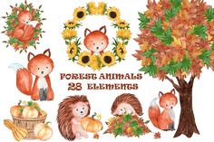 watercolor clipart set of forest animals with pumpkins, sunflowers and leaves