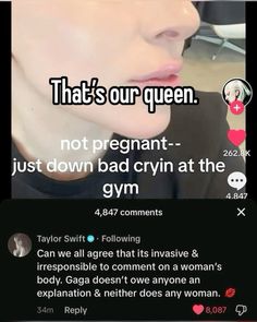 the text on the screen says, that's our queen not pregnant - just down bad crvin at the gym