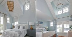 two pictures of a bedroom with blue walls and white bedding, one has a chandelier hanging from the ceiling