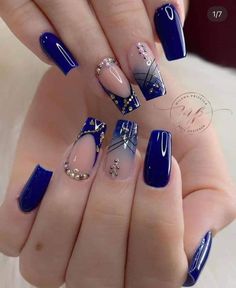 Navy Blue Nail Designs, Blue Gold Nails, Fall Nails Design, Blue Nail Art Designs, French Manicures, Sculptured Nails, Stunning Nail Designs, Cute Simple Nails