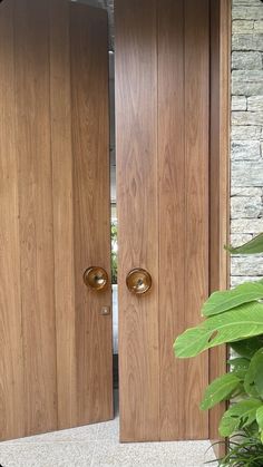 two wooden doors are open in front of a house with plants and potted plant