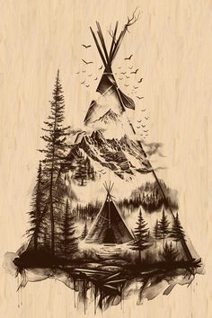 a drawing of a tent in the woods