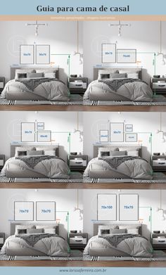 four different views of a bed with white sheets and grey covers, in three separate frames