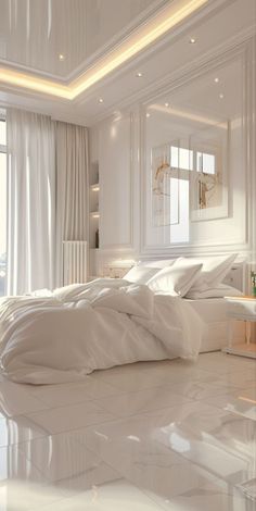 a large white bed sitting in the middle of a room next to a tall window