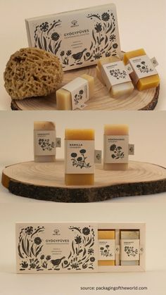 soaps are arranged on a wooden tray and placed next to each other with labels