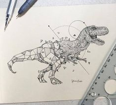 a drawing of a dinosaur with geometric shapes on it's back and neck, next to a ruler