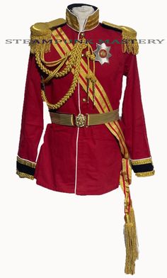 #D9104DZ  Red Jacket This is 7pcs  red Officers ceremonial heavy cotton jacket with Gold shoulder accessories, gold /stripes hand woven sash & tassel & Waist  Belt with lion head  buckle.  Sash ,belt , Aiguillettes and  heavy fringes eppaulates  and and detachable star pin included in this sale  Please note it's free size belt & Sash with adjustable toggle on the sash and waist adjuster adjuster can fit up 28"- 46"waist  Please refer to the photos.  Sizes are available  to fit 40" chest   to fit Red And Gold Armor, Luxury Functional Red Outerwear, Red Coats British Army, Fall Military Outerwear With Epaulettes, Shoulder Accessories, Red Military Long Sleeve Outerwear, Heavy Fringe, Accessories Gold, Sash Belt