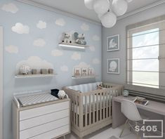 a baby's room with clouds painted on the wall and dressers in the corner