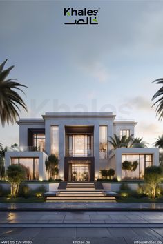 an image of a modern house with palm trees in the front and stairs leading up to it