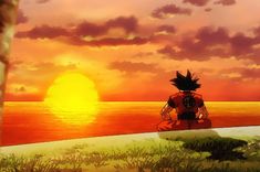 an anime scene with the sun setting in the background