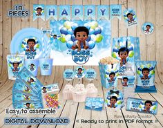 Celebrate your little boss boy's first birthday with this printable party kit! Our African American party decorations include a cake topper, popcorn box, and Capri Sun label, all featuring a cute Boss Boy design. Perfect for a baby shower or birthday party, these DIY decorations are easy to print and assemble. Plus, with our digital delivery, you can start planning your party right away!DIGITAL DOWNLOAD Complete Boss Boy Baby Birthday Party Kit, African American Boy Birthday Printables, Blue Par American Party Decorations, Blue Theme Party, Boy Party Decorations, Baby Party Decorations, Blue Party Decorations, Happy Birthday 2, Pink Party Decorations, American Party, Baby Boss