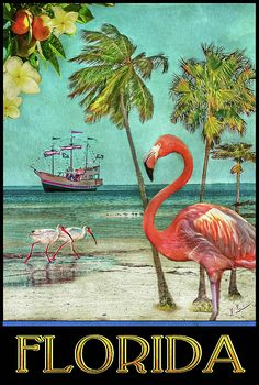 a pink flamingo standing on top of a beach next to palm trees