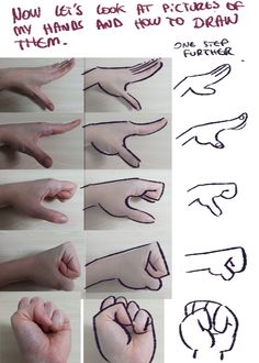 instructions for how to draw hands in different positions and directions, including the thumbnails